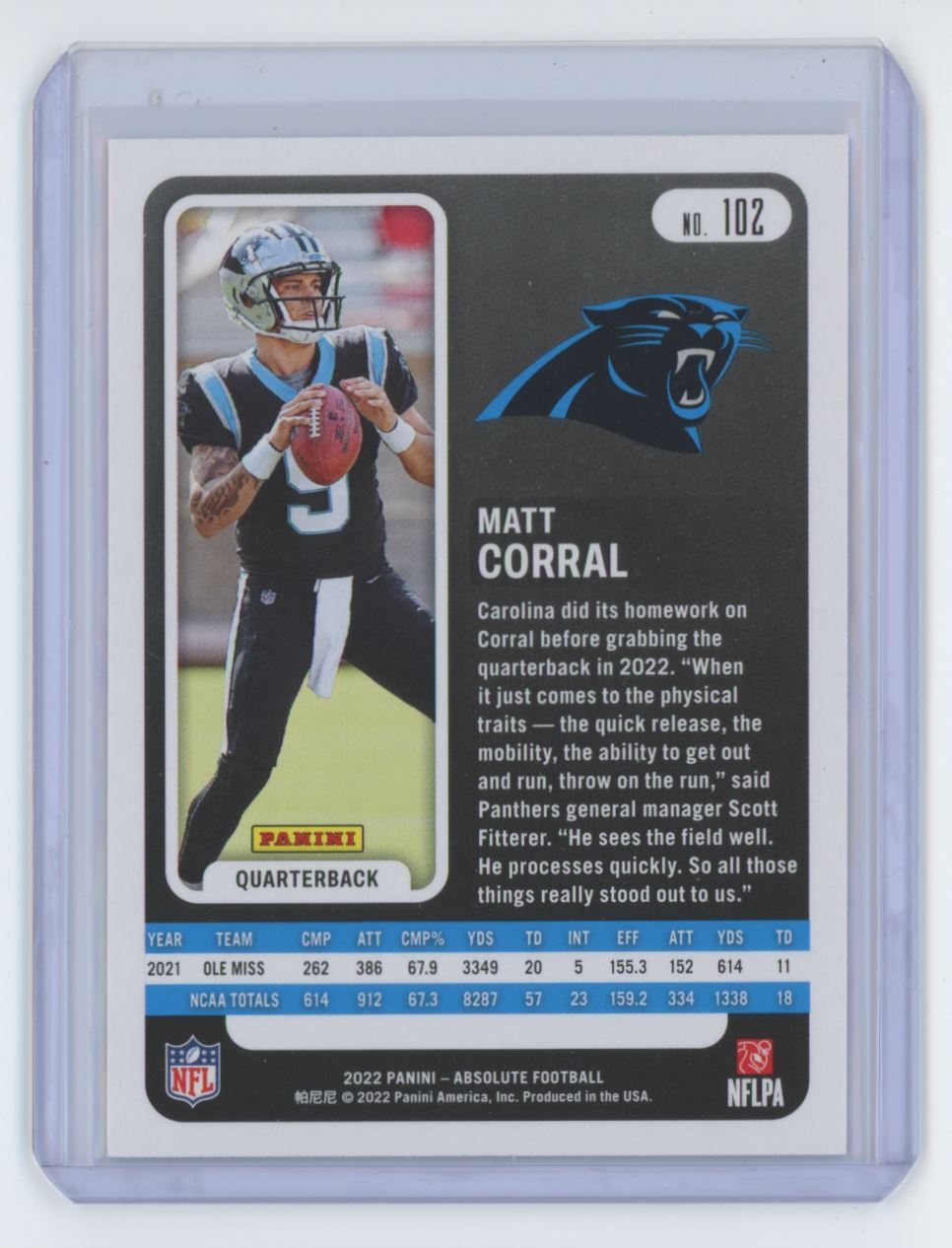 2022 Panini Absolute Matt Corral Football Card #102