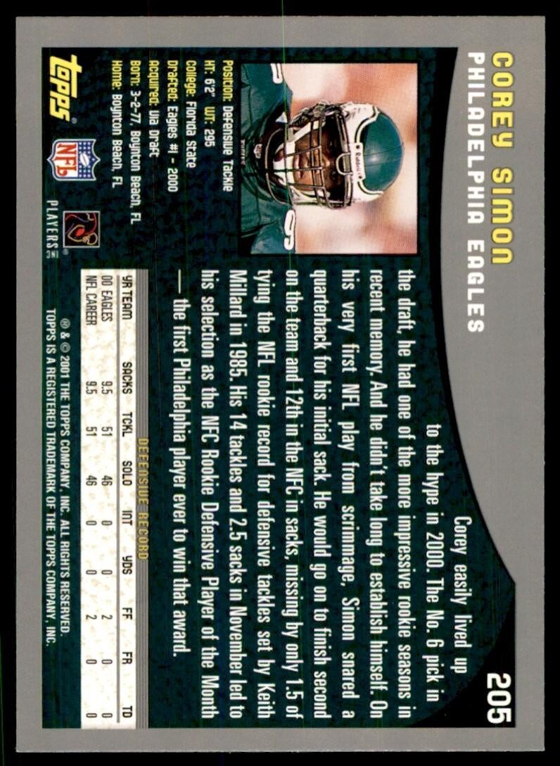 2001 TOPPS COREY SIMON PHILADELPHIA EAGLES #205