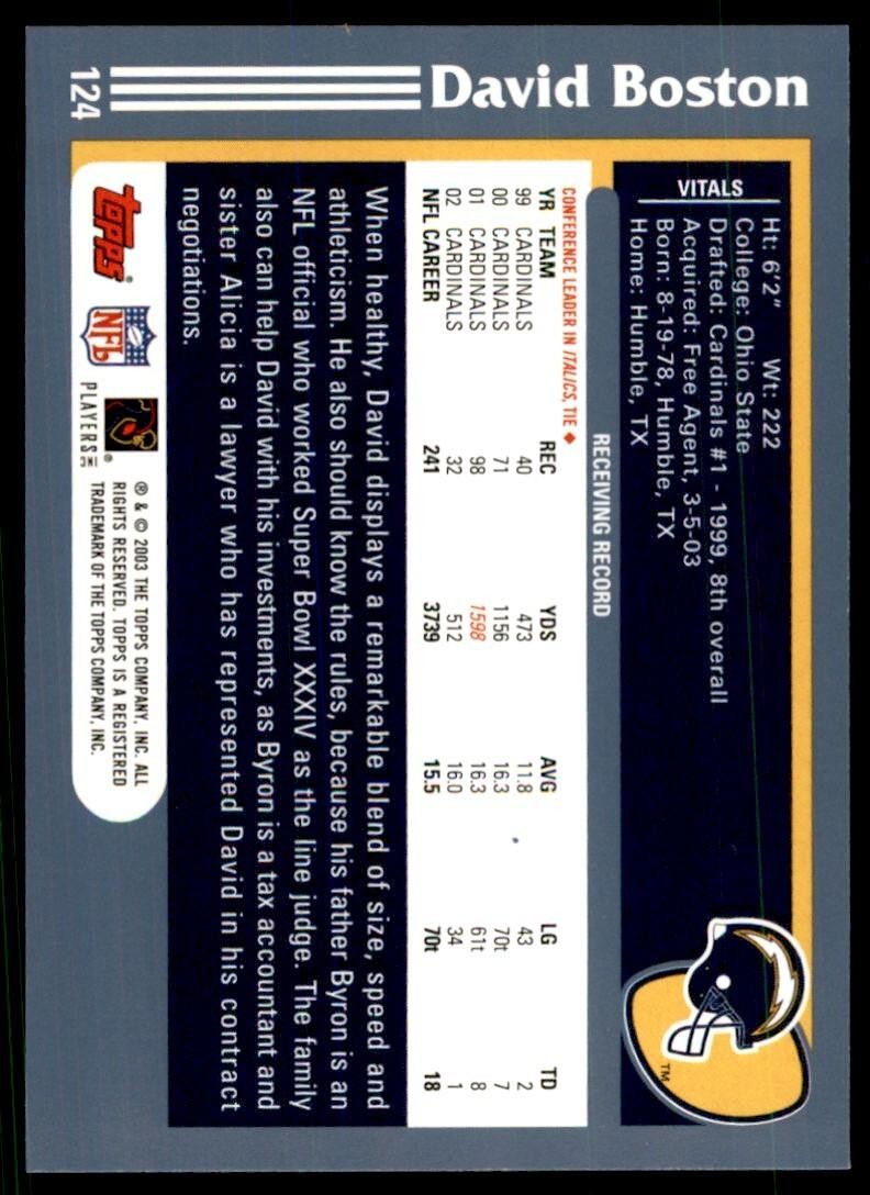 2003 TOPPS DAVID BOSTON SAN DIEGO CHARGERS #124