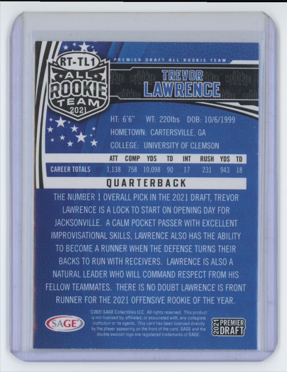 2021 SAGE Trevor Lawrence Rookie Football Card #RT-TL1
