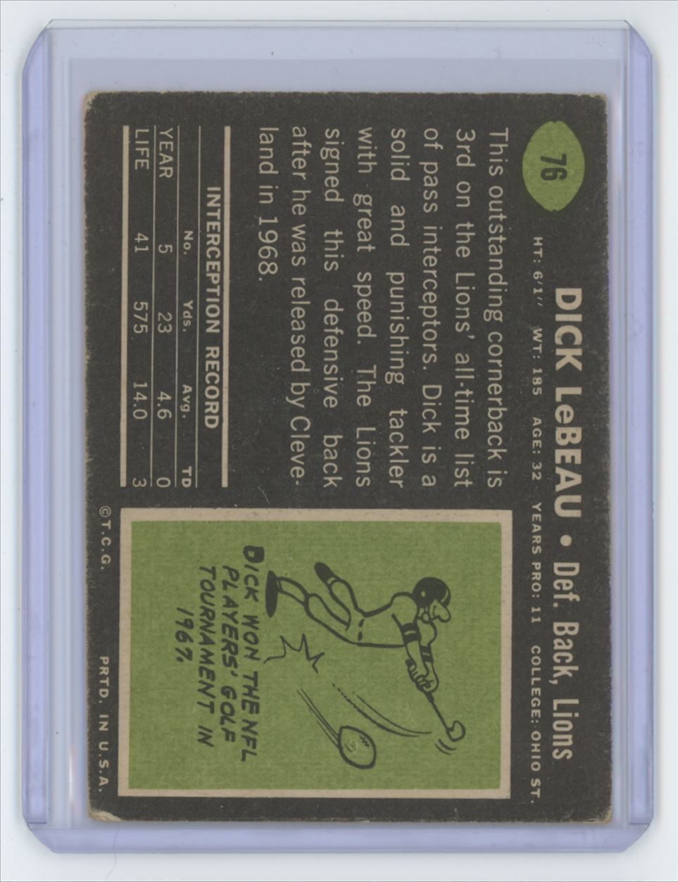 1969 Topps Dick LeBeau HOF Football Card #76