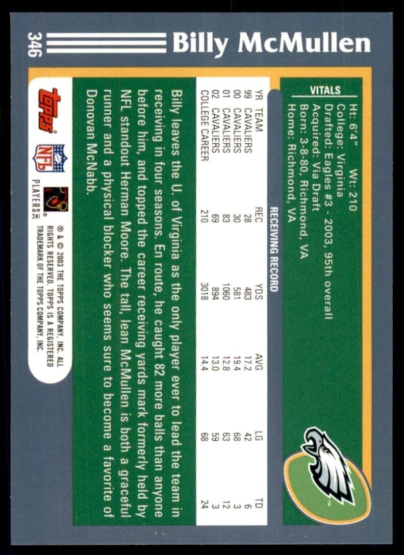 2003 Topps Billy McMullen Philadelphia Eagles #346