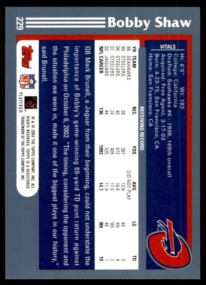 2003 TOPPS BOBBY SHAW BUFFALO BILLS #229