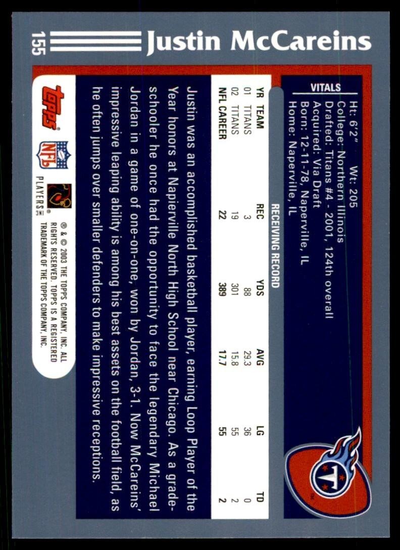 2003 TOPPS JUSTIN MCCAREINS TENNESSEE TITANS #155