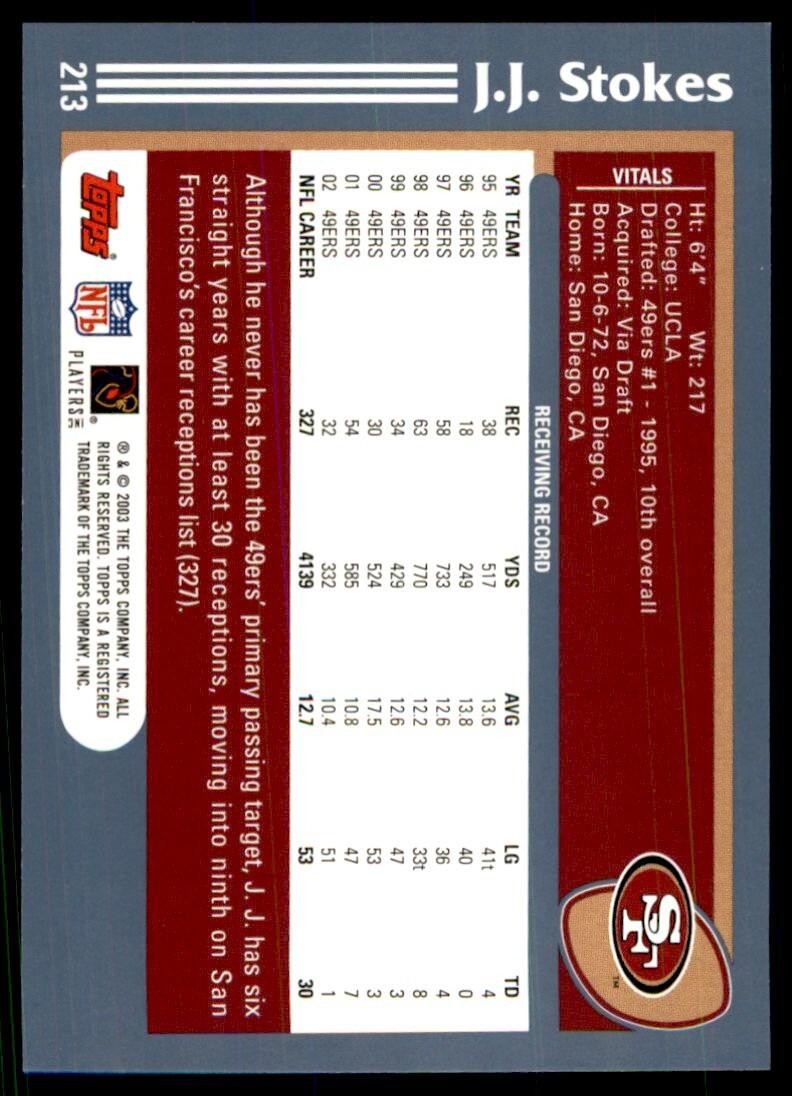 2003 TOPPS J.J. STOKES SAN FRANCISCO 49ERS #213