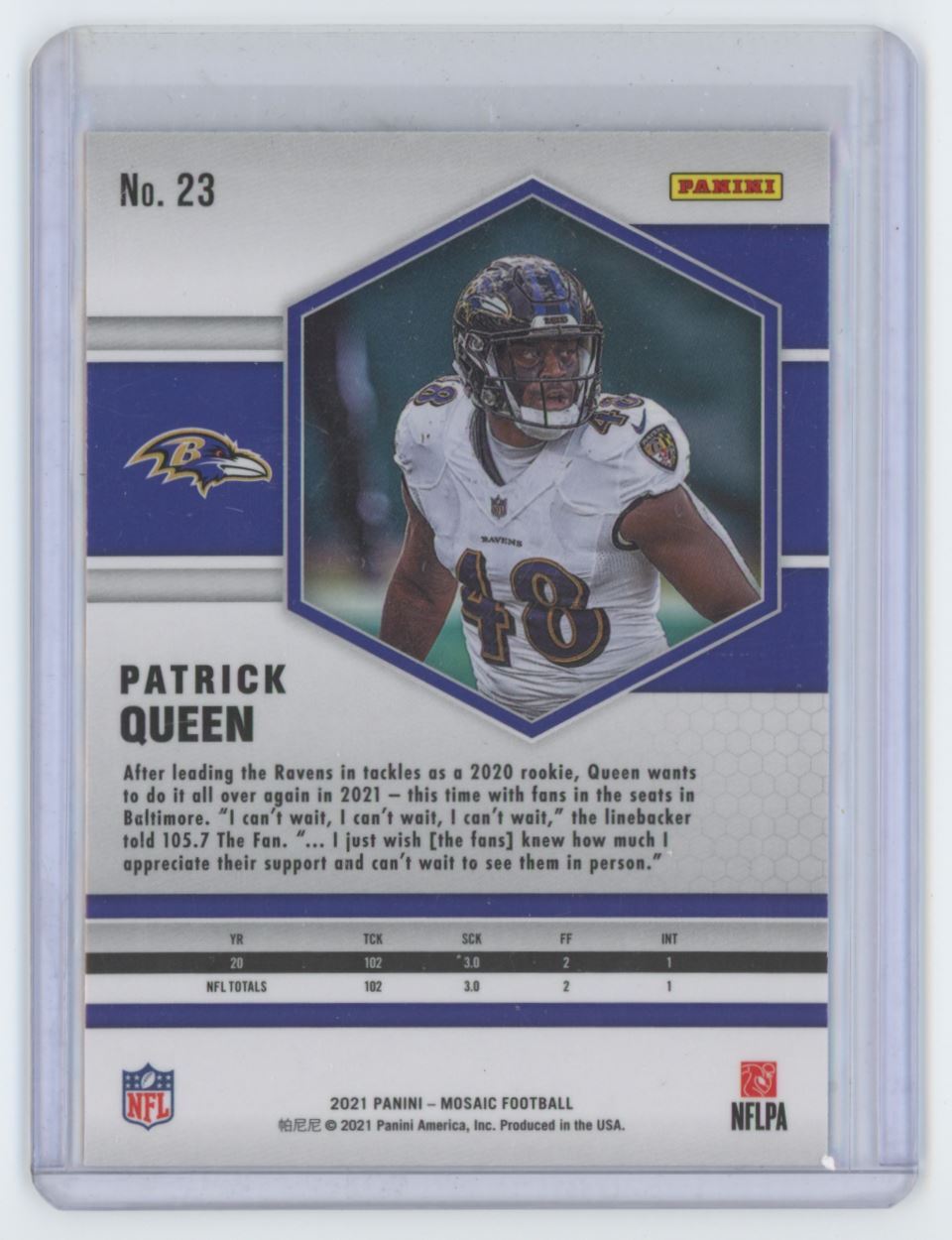 2021 Panini Mosaic Patrick Queen Football Card #23