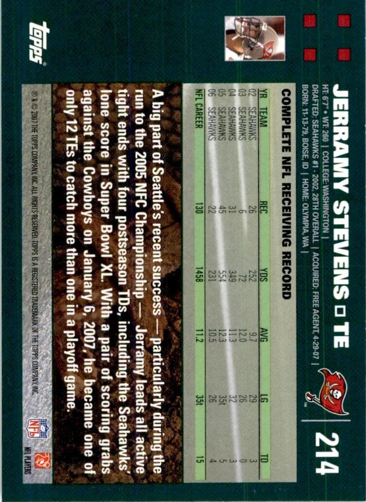 2007 TOPPS JERRAMY STEVENS TAMPA BAY BUCCANEERS #214