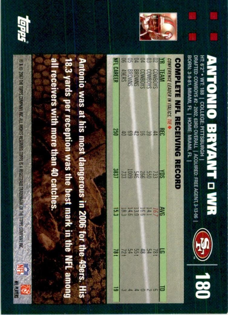 2007 TOPPS ANTONIO BRYANT SAN FRANCISCO 49ERS #180