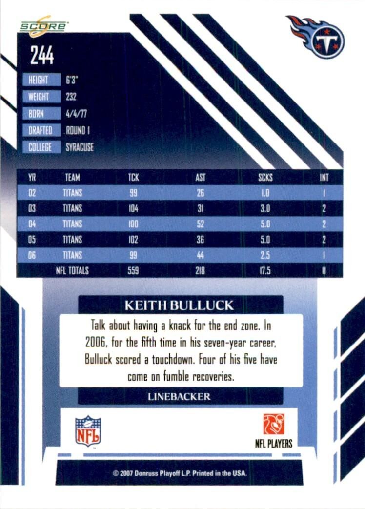 2007 SCORE KEITH BULLUCK TENNESSEE TITANS #244