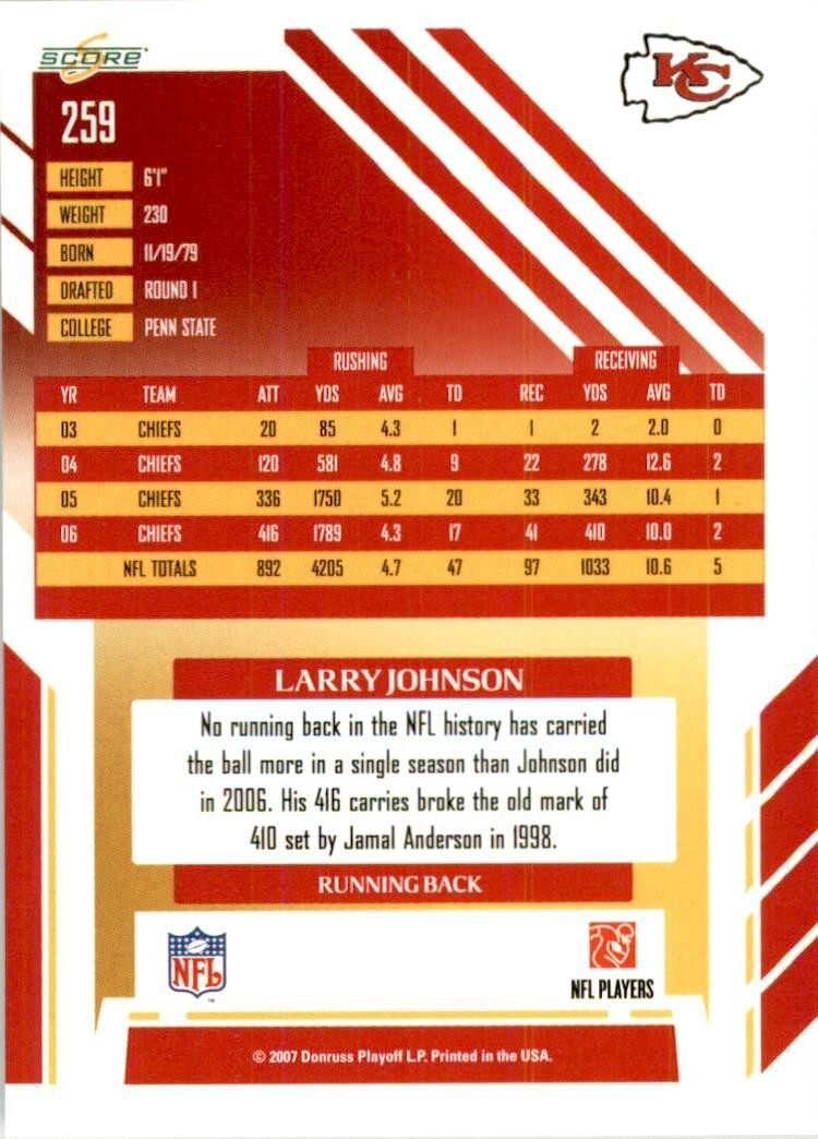 2007 SCORE LARRY JOHNSON KANSAS CITY CHIEFS #259