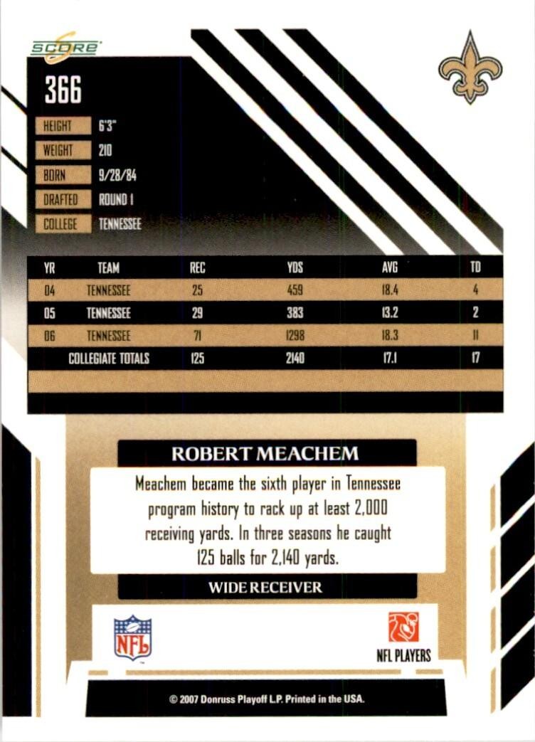 2007 SCORE ROBERT MEACHEM NEW ORLEANS SAINTS #366