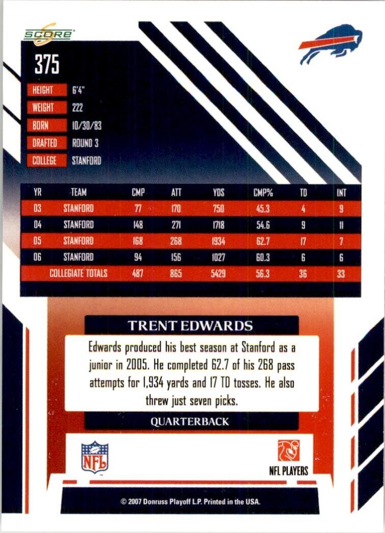 2007 SCORE TRENT EDWARDS. BUFFALO BILLS #375