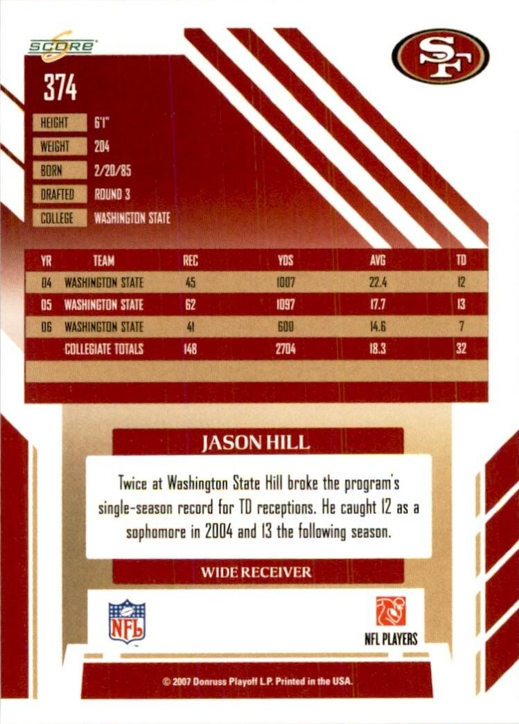 2007 SCORE JASON HILL. SAN FRANCISCO 49ERS #374