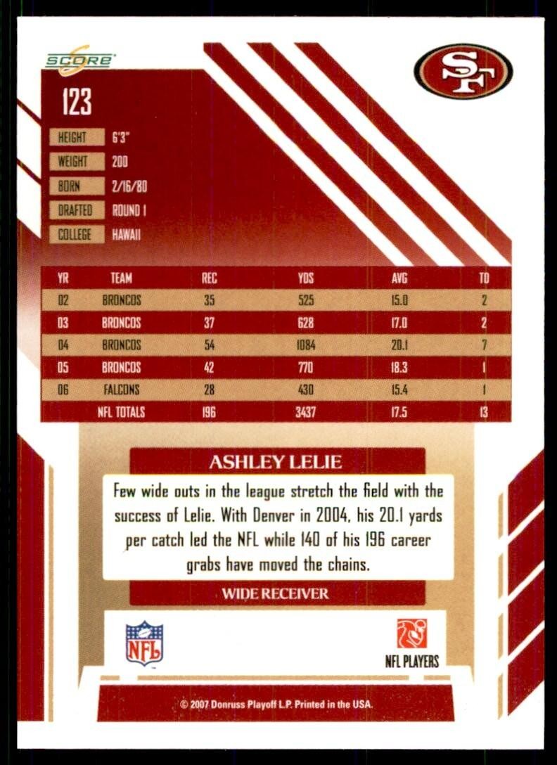 2007 SCORE ASHLEY LELIE SAN FRANCISCO 49ERS #123