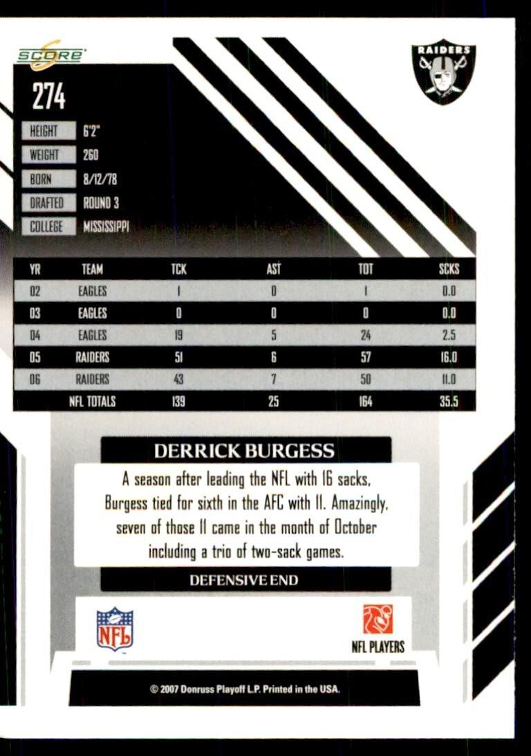 2007 SCORE DERRICK BURGESS OAKLAND RAIDERS #274