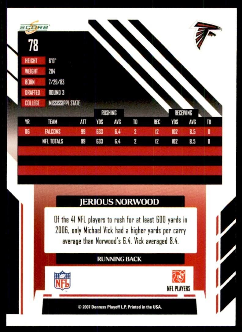 2007 SCORE JERIOUS NORWOOD ATLANTA FALCONS #78