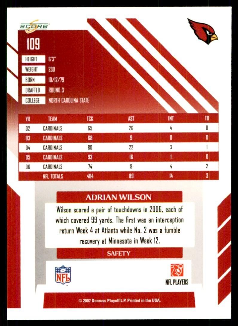 2007 SCORE ADRIAN WILSON ARIZONA CARDINALS #109