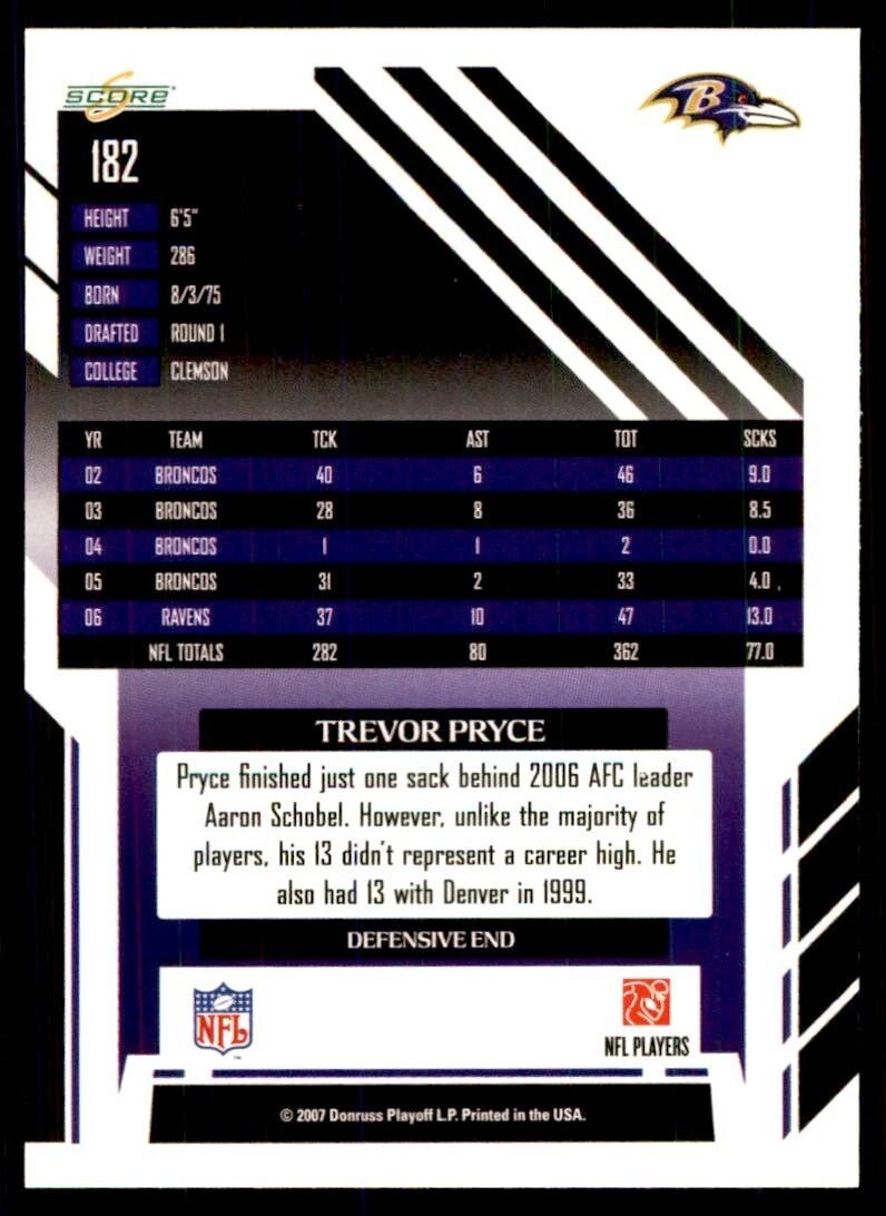 2007 SCORE TREVOR PRYCE BALTIMORE RAVENS #182