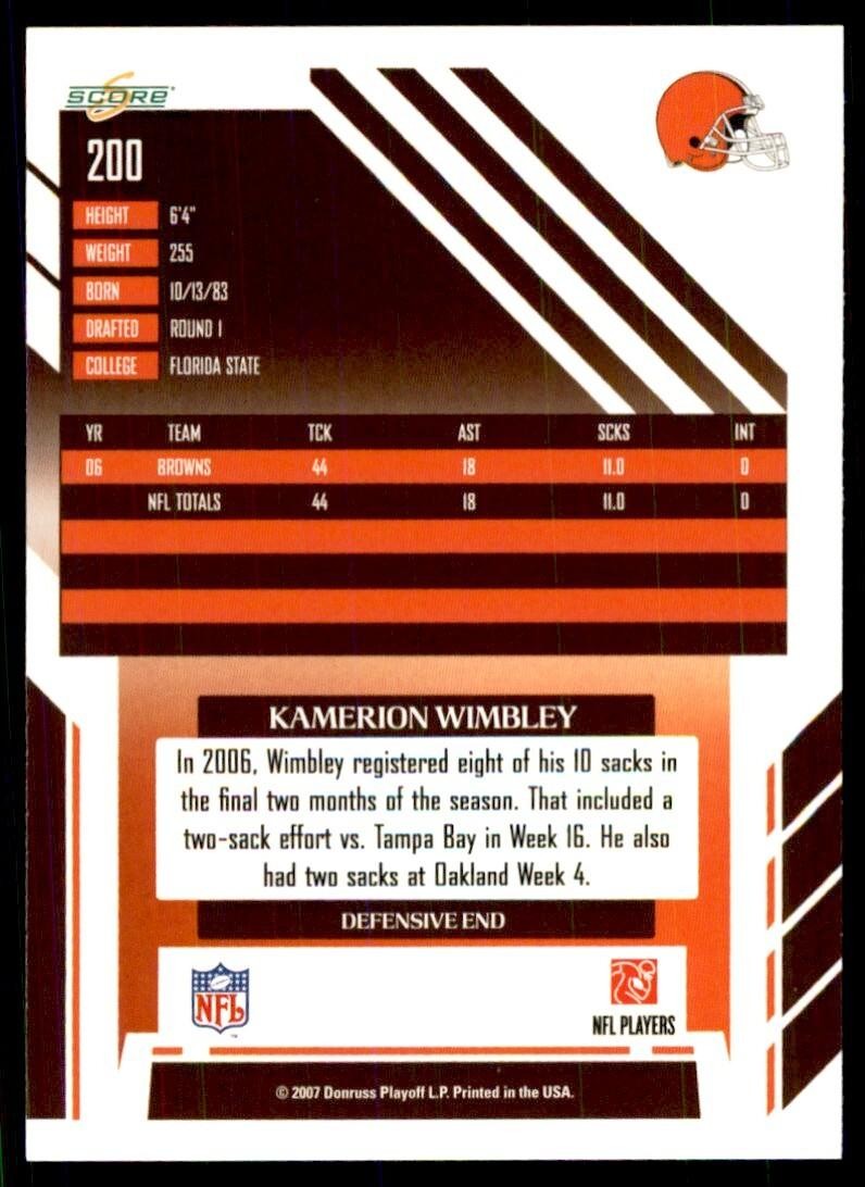 2007 SCORE KAMERION WIMBLEY CLEVELAND BROWNS #200