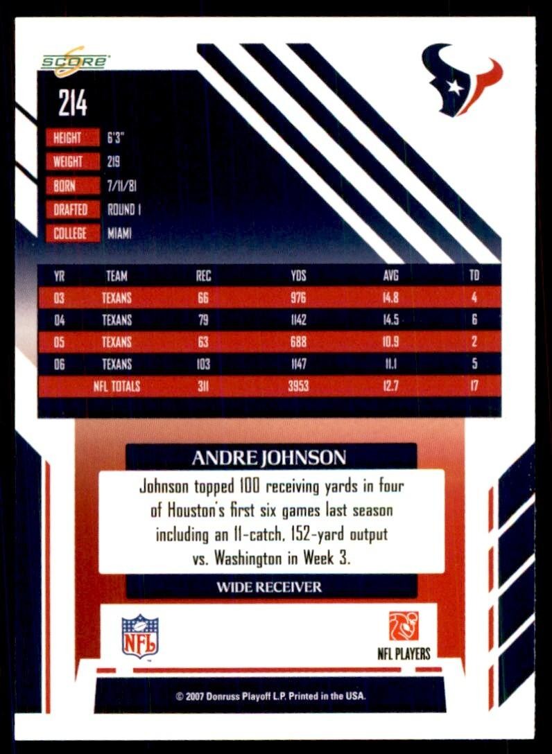 2007 SCORE ANDRE JOHNSON HOUSTON TEXANS #214