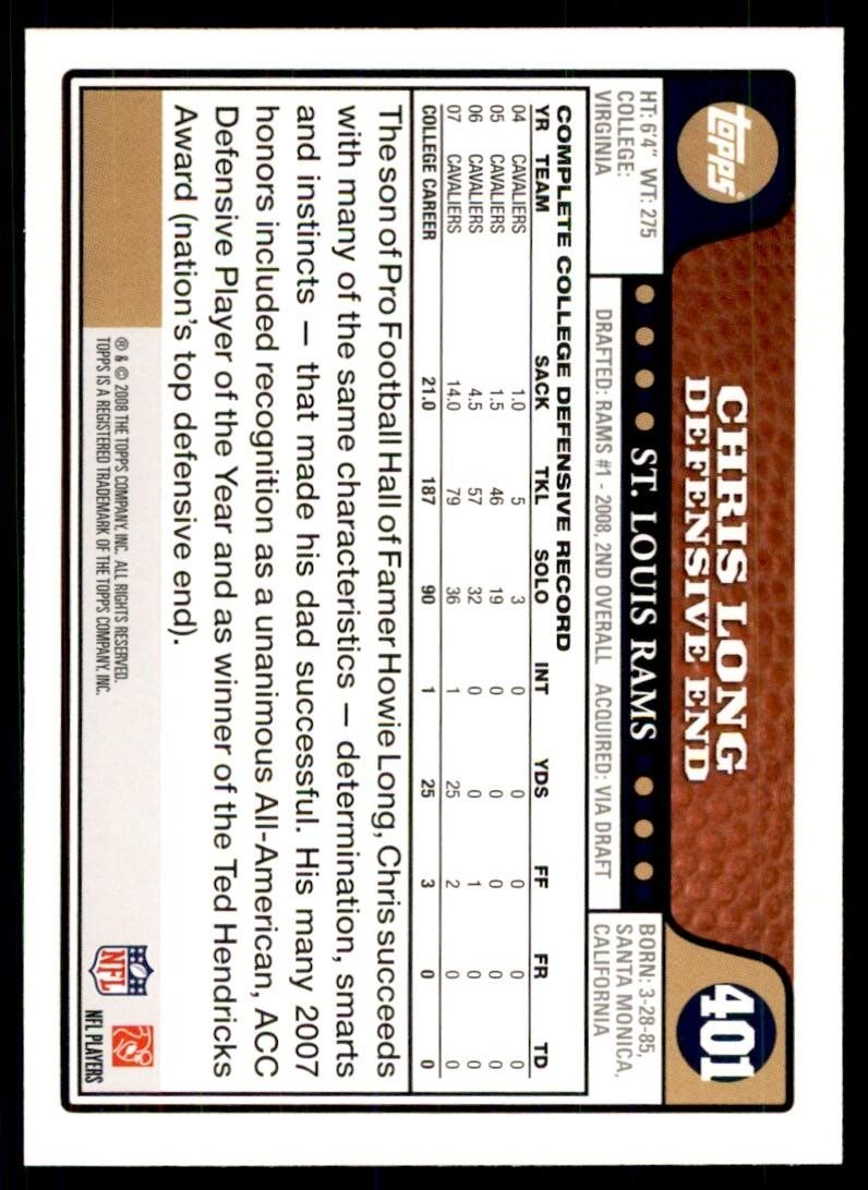 2008 TOPPS CHRIS LONG ROOKIE ST. LOUIS RAMS #401