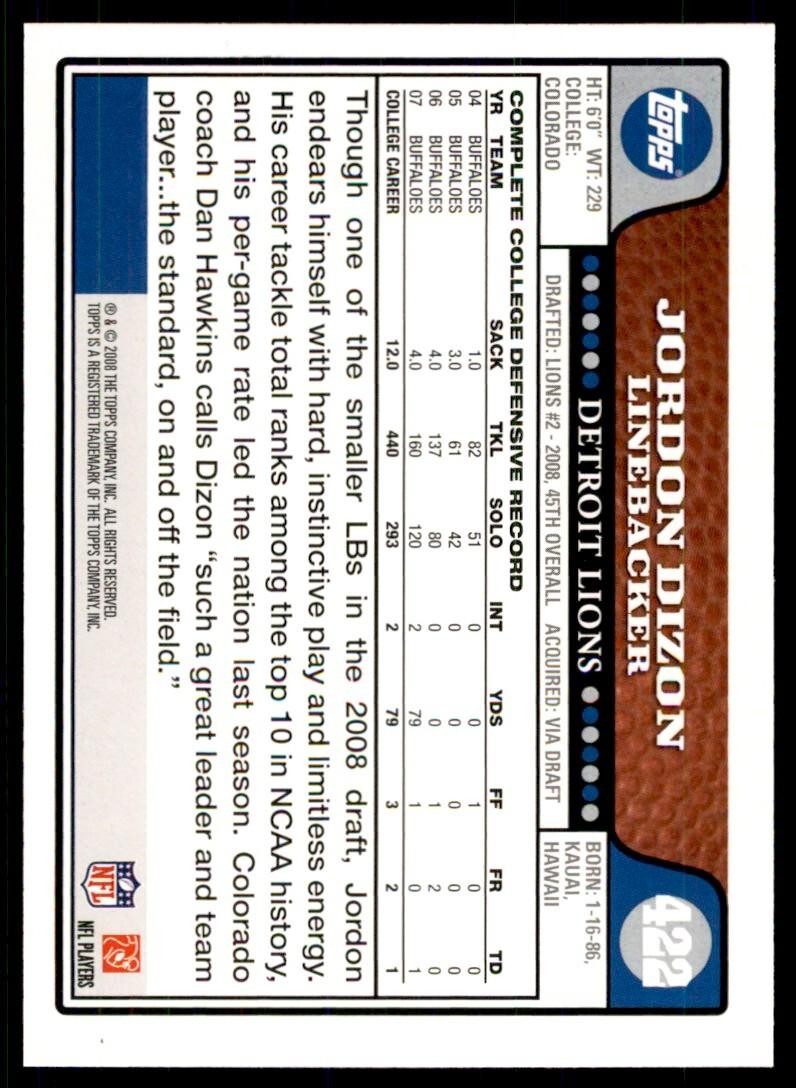 2008 TOPPS JORDON DIZON ROOKIE DETROIT LIONS #422