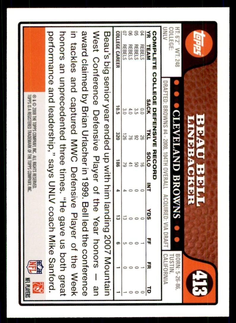 2008 TOPPS BEAU BELL ROOKIE CLEVELAND BROWNS #413