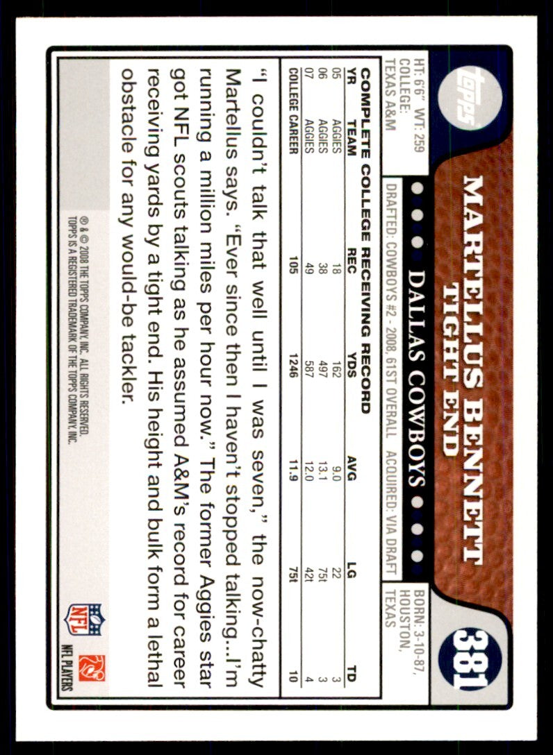 2008 TOPPS MARTELLUS BENNETT ROOKIE DALLAS COWBOYS #381