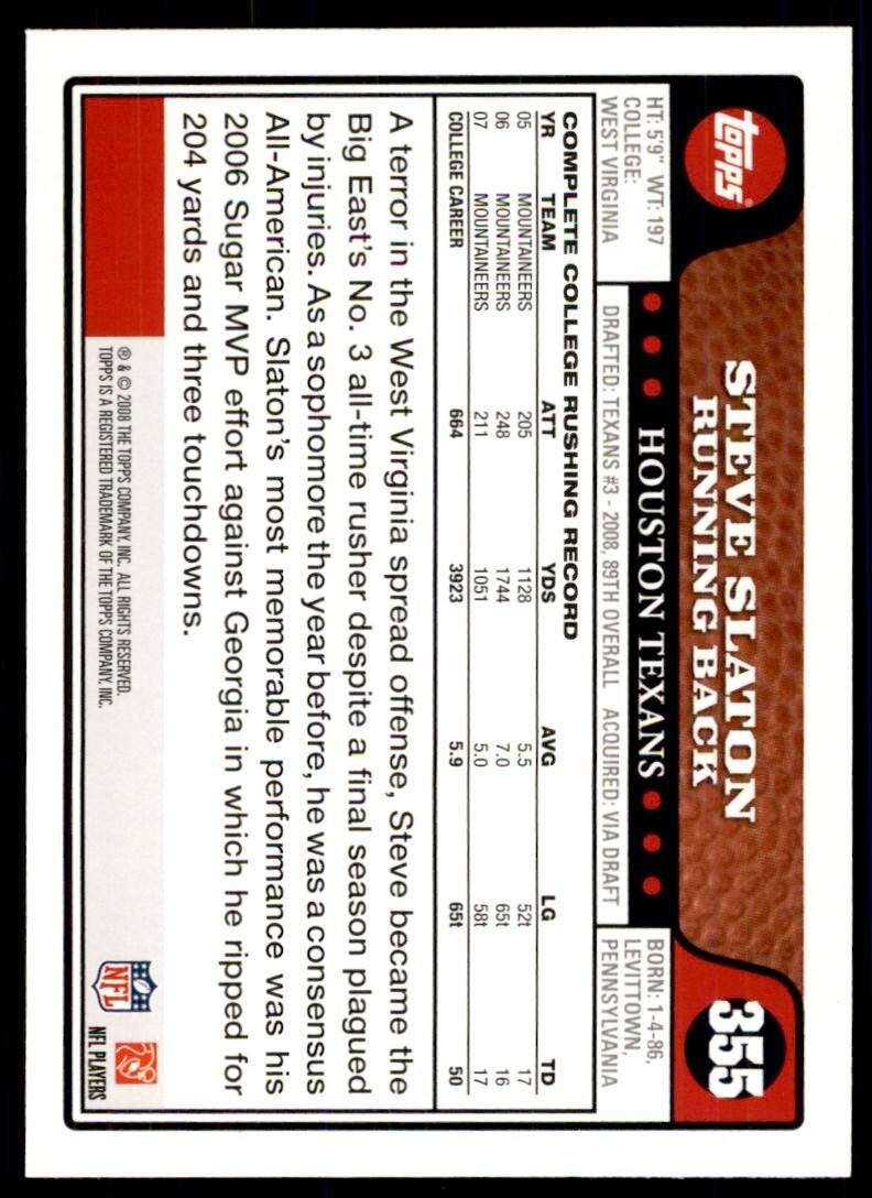 2008 TOPPS STEVE SLATON ROOKIE HOUSTON TEXANS #355
