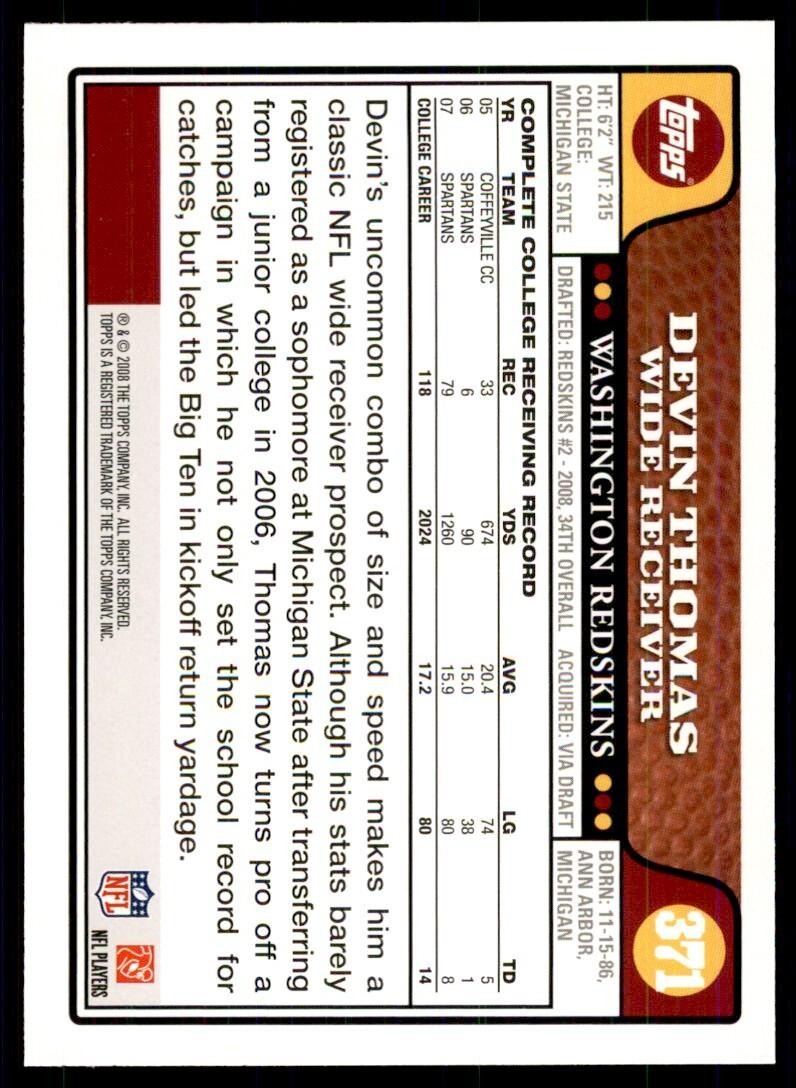 2008 TOPPS DEVIN THOMAS ROOKIE WASHINGTON REDSKINS #371