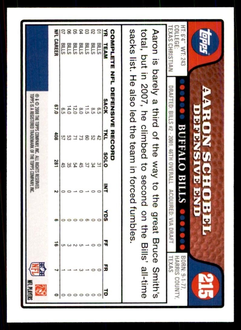2008 TOPPS AARON SCHOBEL BUFFALO BILLS #215