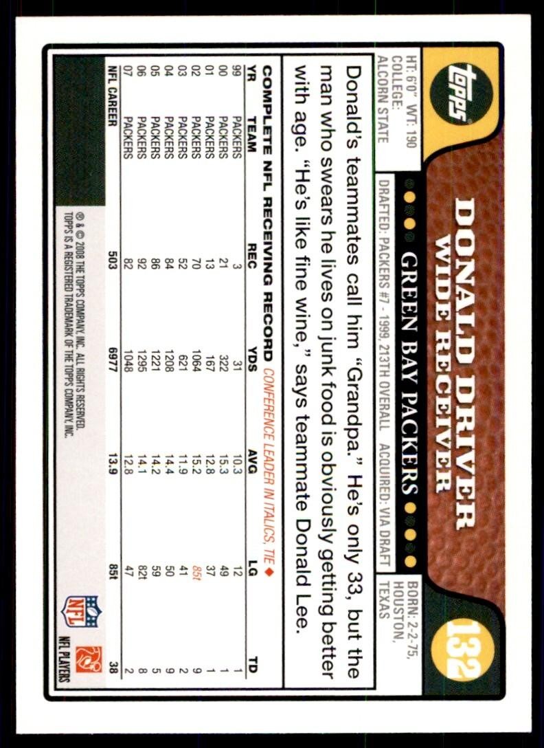 2008 TOPPS DONALD DRIVER GREEN BAY PACKERS #132