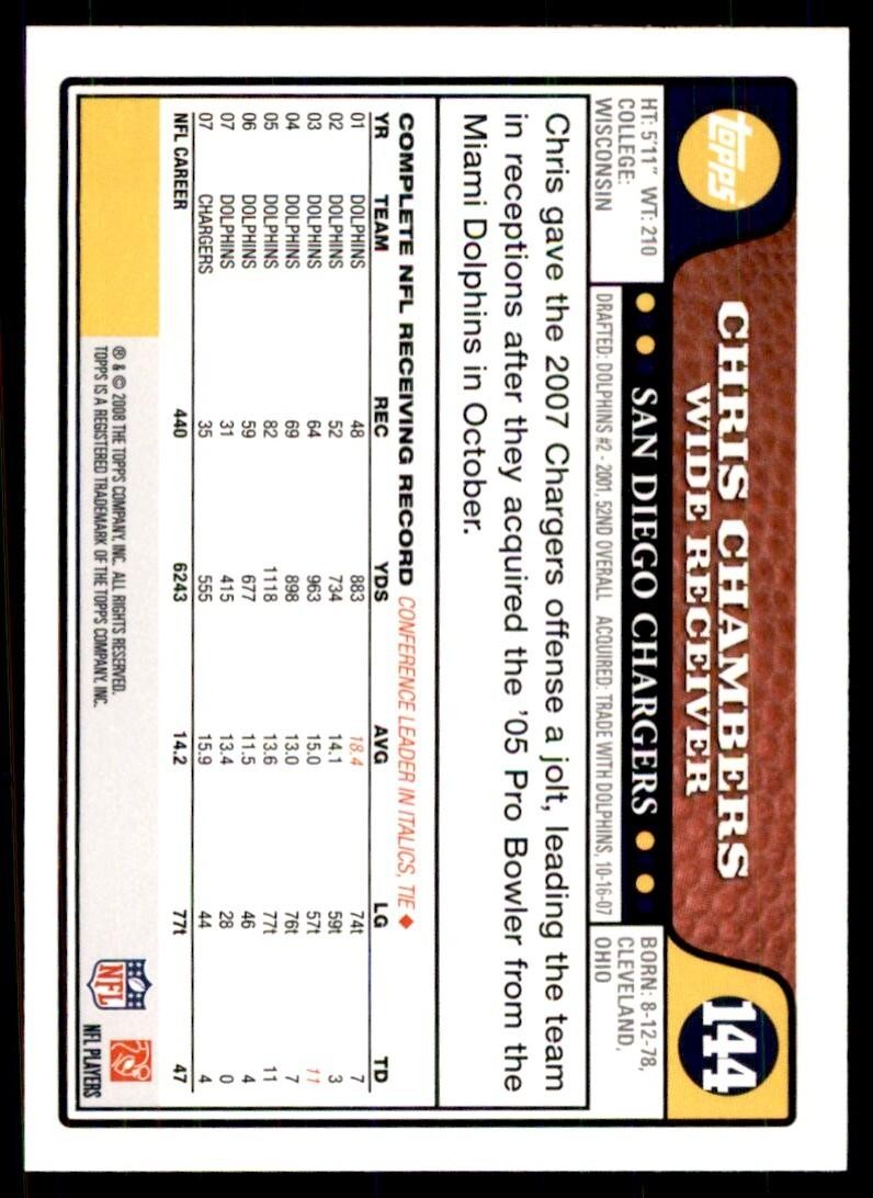 2008 TOPPS CHRIS CHAMBERS SAN DIEGO CHARGERS #144