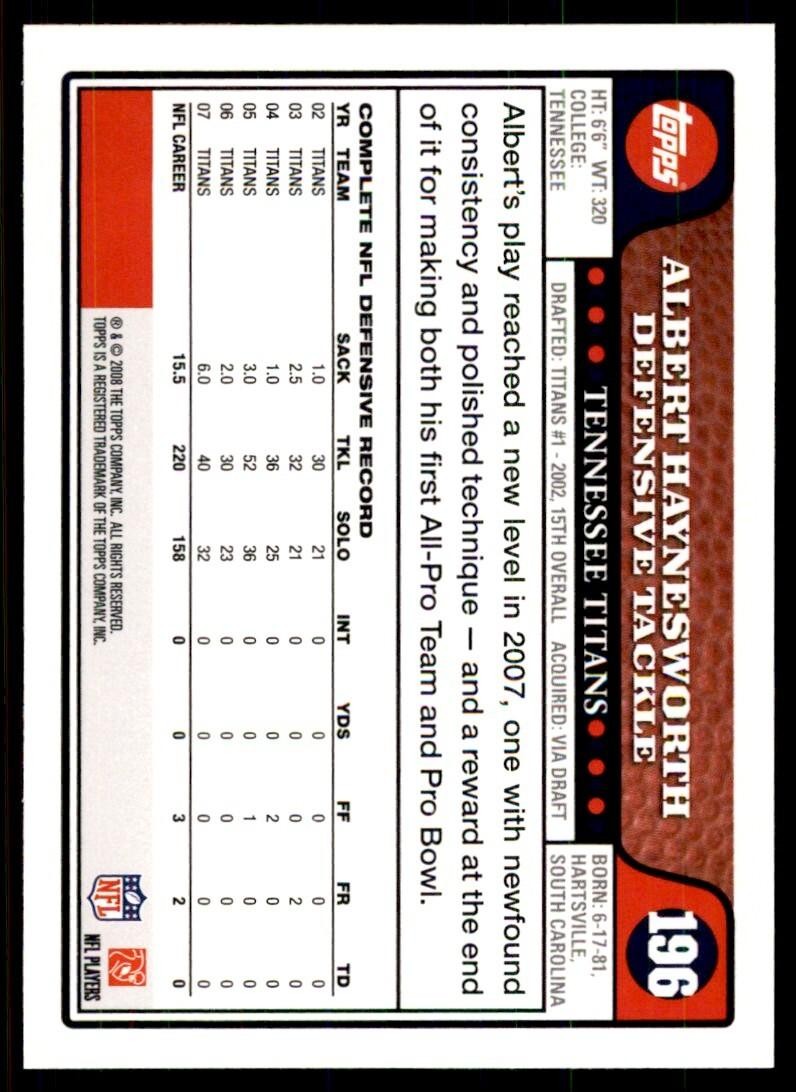 2008 TOPPS ALBERT HAYNESWORTH TENNESSEE TITANS #196