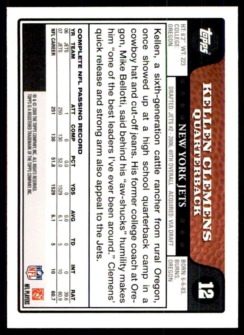 2008 TOPPS KELLEN CLEMENS NEW YORK JETS #12