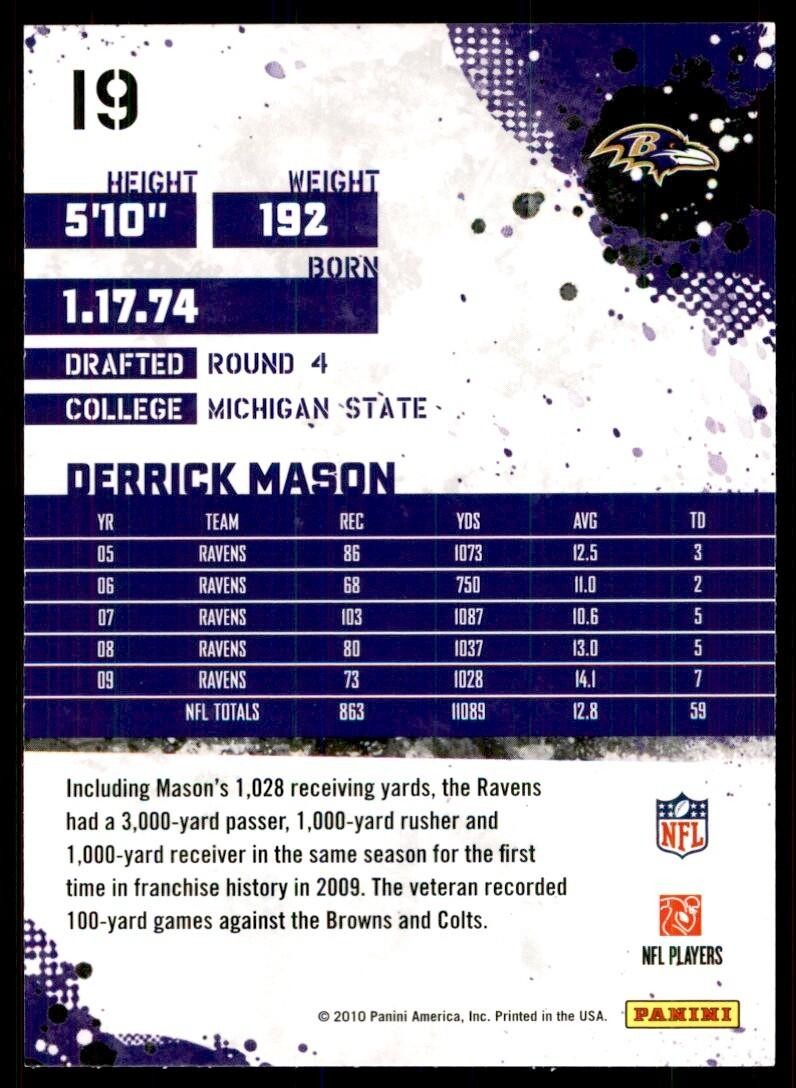 2010 SCORE DERRICK MASON BALTIMORE RAVENS #19