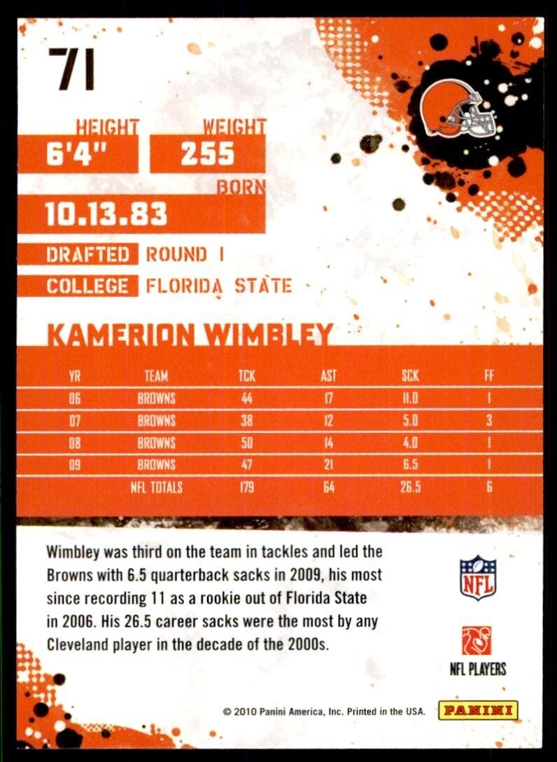2010 SCORE KAMERION WIMBLEY CLEVELAND BROWNS #71