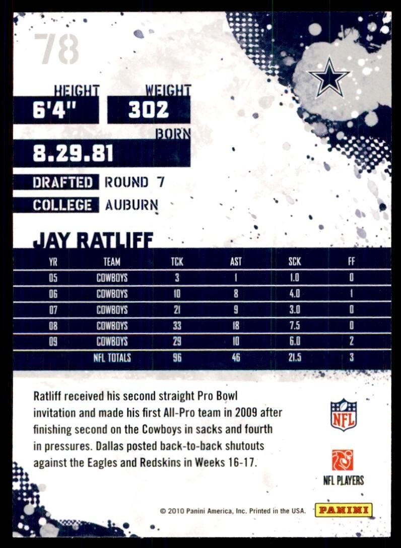2010 SCORE JAY RATLIFF DALLAS COWBOYS #78