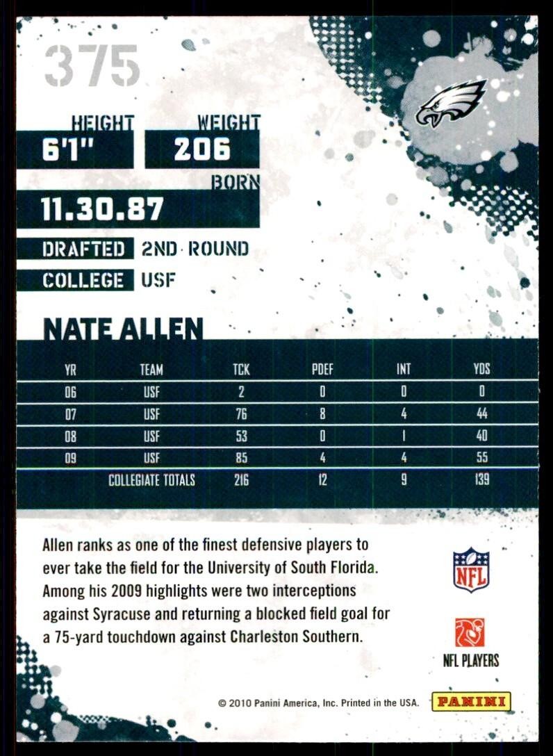 2010 SCORE NATE ALLEN ROOKIE PHILADELPHIA EAGLES #375
