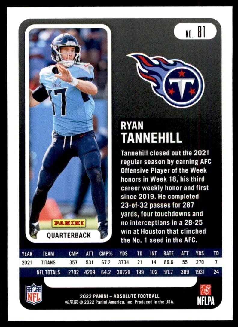 2022 PANINI ABSOLUTE RYAN TANNEHILL TENNESSEE TITANS #81.