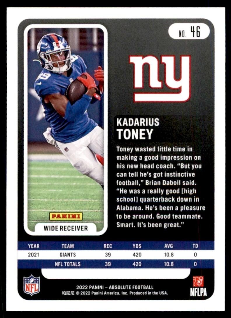 2022 PANINI ABSOLUTE KADARIUS TONEY NEW YORK GIANTS #46