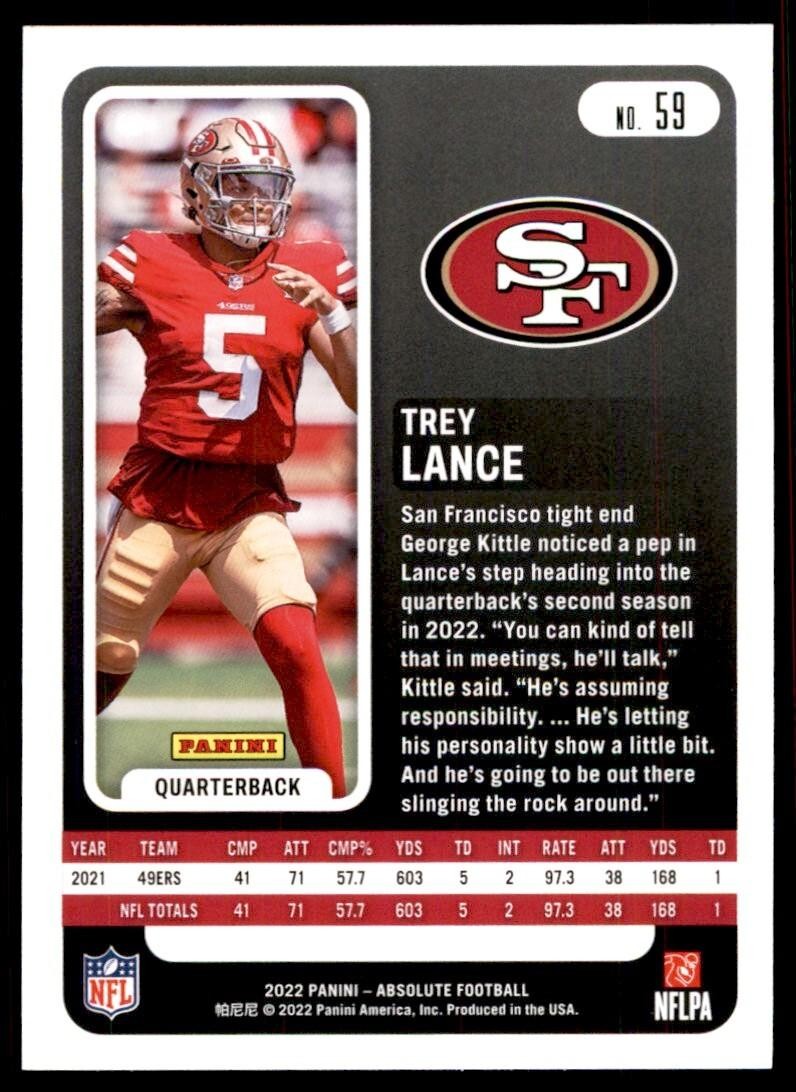2022 PANINI ABSOLUTE. TREY LANCE* SAN FRANCISCO 49ERS #59
