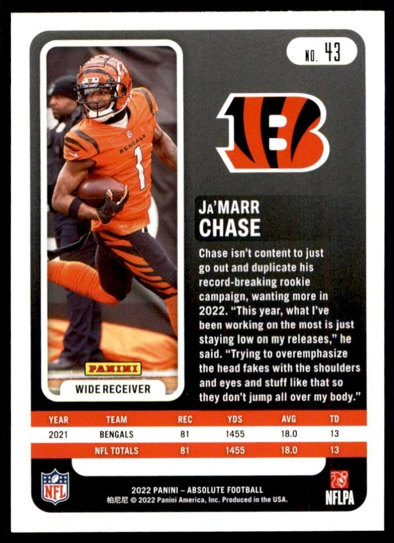 2022 PANINI ABSOLUTE! JA'MARR CHASE. CINCINNATI BENGALS #43