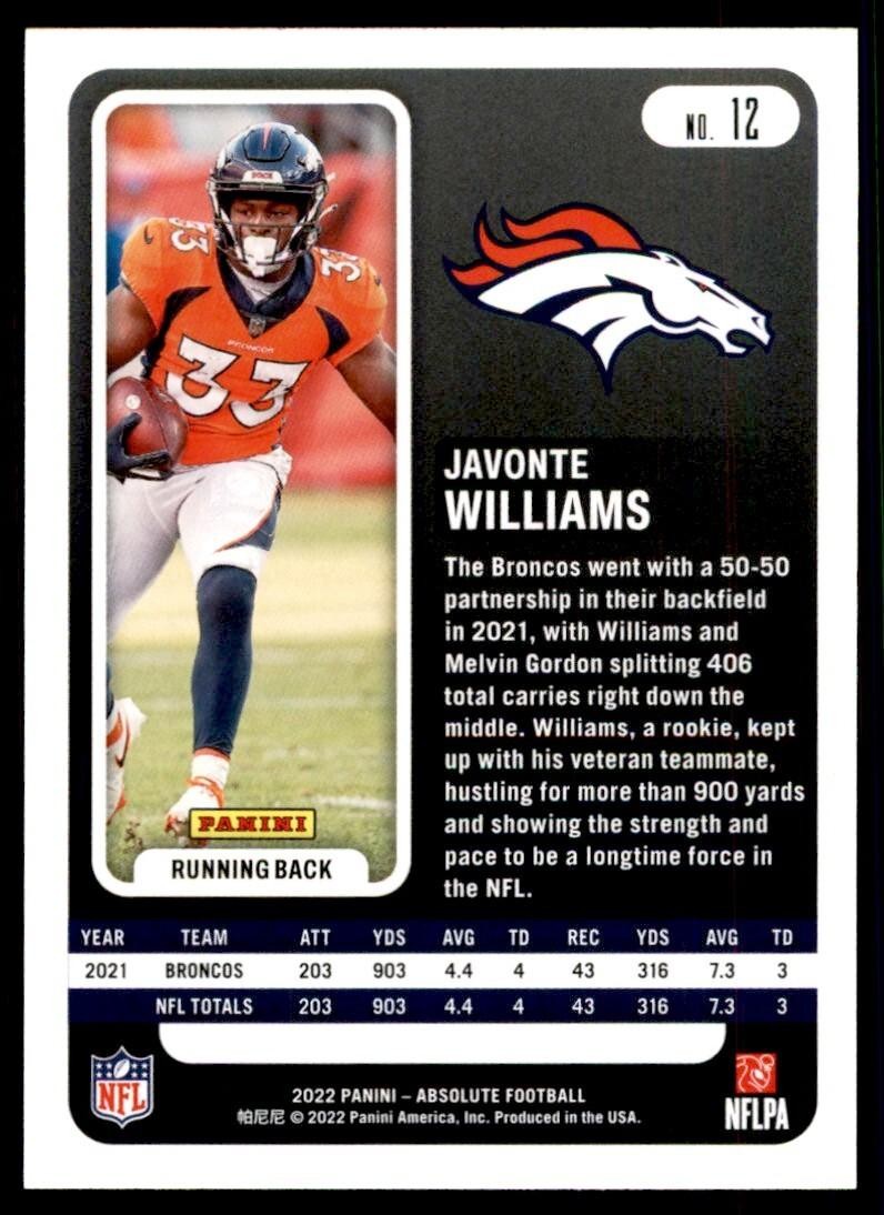 2022 PANINI ABSOLUTE! JAVONTE WILLIAMS DENVER BRONCOS #12