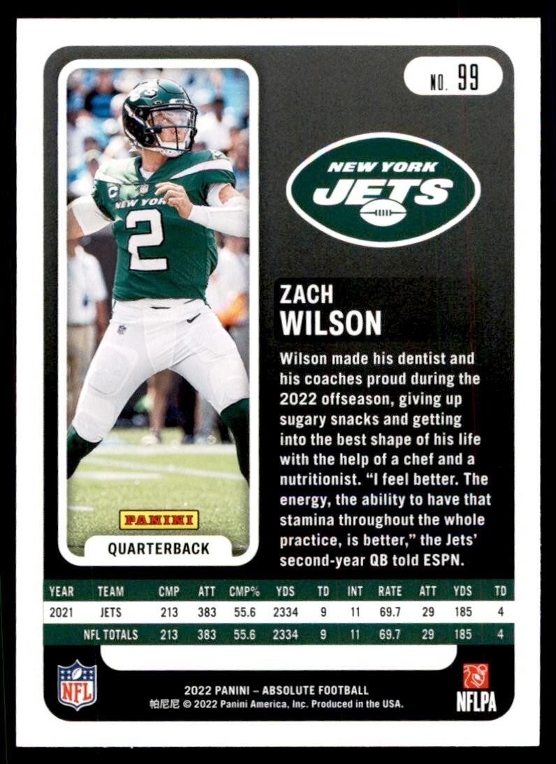 2022 PANINI ABSOLUTE! ZACH WILSON.  JETS #99