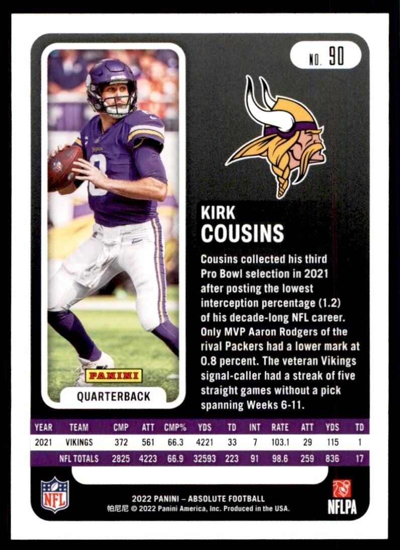 2022 PANINI ABSOLUTE! KIRK COUSINS MINNESOTA VIKINGS #90