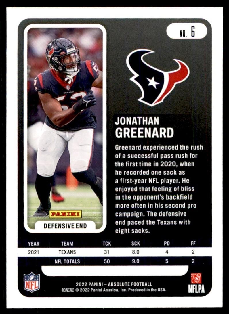 2022 PANINI ABSOLUTE: JONATHAN GREENARD HOUSTON TEXANS #6.