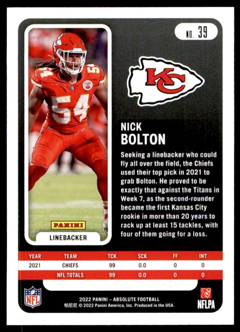 2022 PANINI ABSOLUTE: NICK BOLTON KANSAS CITY CHIEFS #39