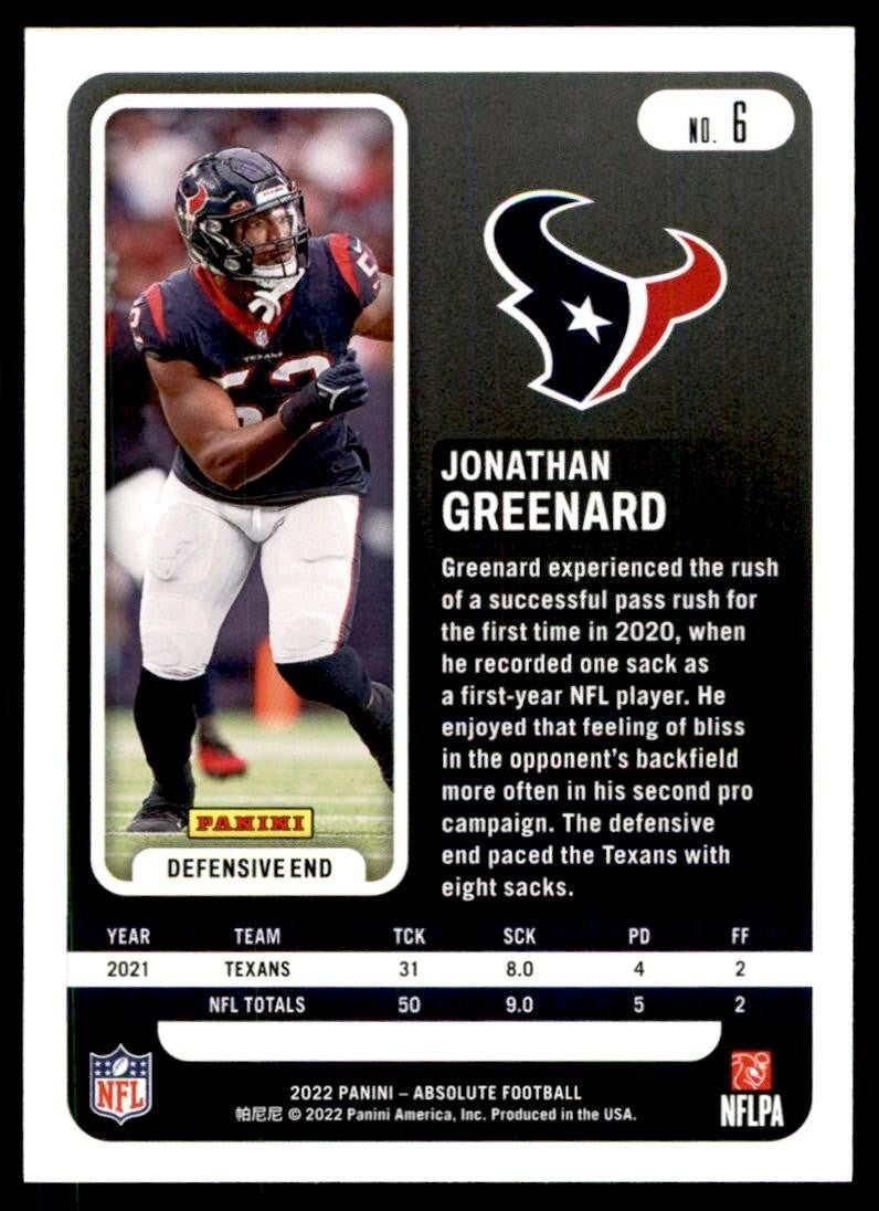 2022 PANINI ABSOLUTE: JONATHAN GREENARD HOUSTON TEXANS. #6