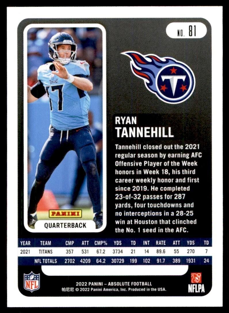 2022 PANINI ABSOLUTE\ RYAN TANNEHILL TENNESSEE TITANS #81